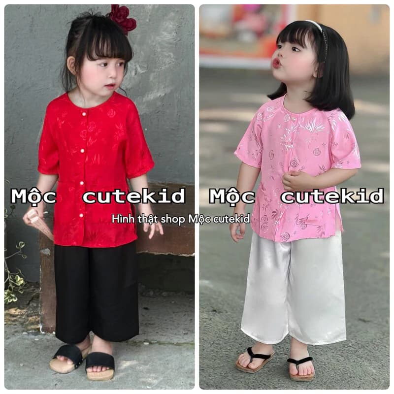 (7-42kg) bộ bà ba vân gấm lá tre [HÌNH THẬT] cho bé gái mặc đi chơi Trung Thu, Lễ Tết