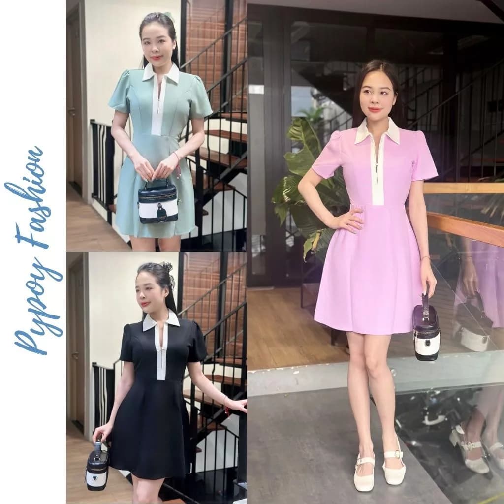 đầm công sở Sang Chảnh Phối Cổ Dáng A Cách Điệu Tay Cụp, Dự Tiệc, Đi Làm Siêu Xinh Thanh Lịch