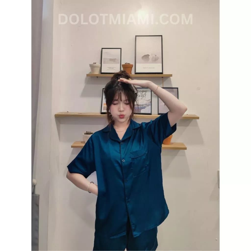 [ẢNH THẬT] Pyjama lụa satin màu xanh cổ vịt - Đồ ngủ nữ - Đồ mặc ở nhà