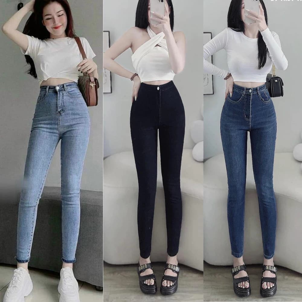 Quần Skinny jean nữ MIAA vải denim co giãn 4 chiều đen trơn form skinny, quần jean bò nữ bó ôm eo  không phai xù cao cấp