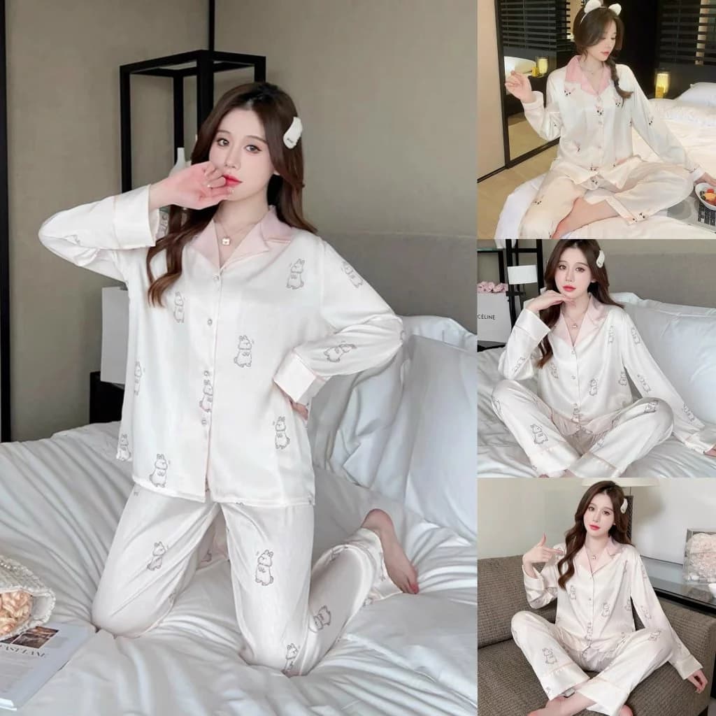 Bộ pyjama dài tay họa tiết dễ thương hàng Quảng Châu, Bộ đồ ngủ nữ lụa xước cao cấp BN027