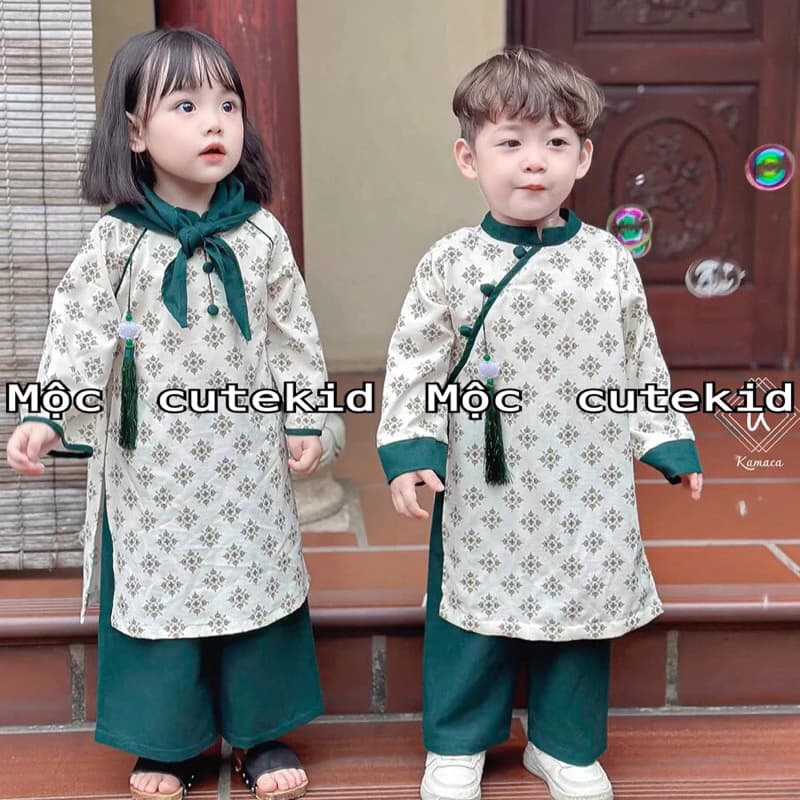 (7-35kg) bộ áo dài cặp 2O26 áo gấm quần lụa [KÈM QUẦN] cho bé trai bé gái mặc đi chơi Lễ Hội, Lễ Tết