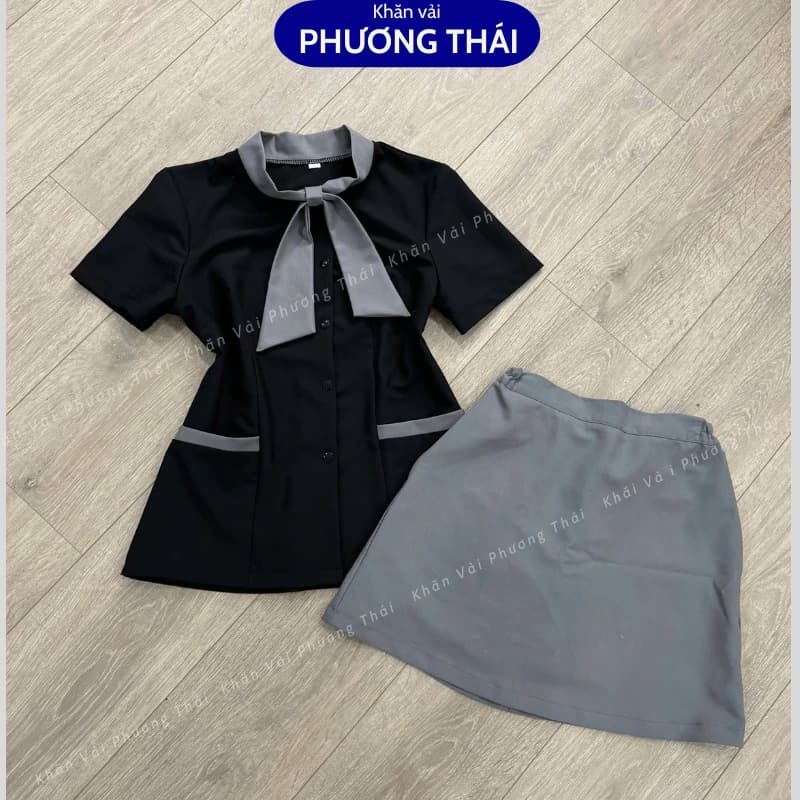Đồng phục spa, đồng phục lễ tân, nhân viên cổ nơ - chất cotton lạnh siêu mát