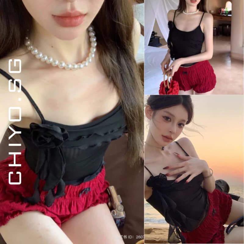 [Có tách lẻ] Set áo dây lưới đính hoa tua rua kèm quần bí nhún nơ ulzzang
