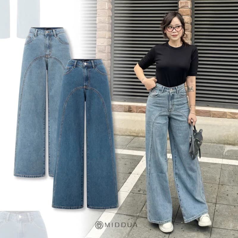 MIDDUA - JN199 Suông jean ống loe viền kiểu