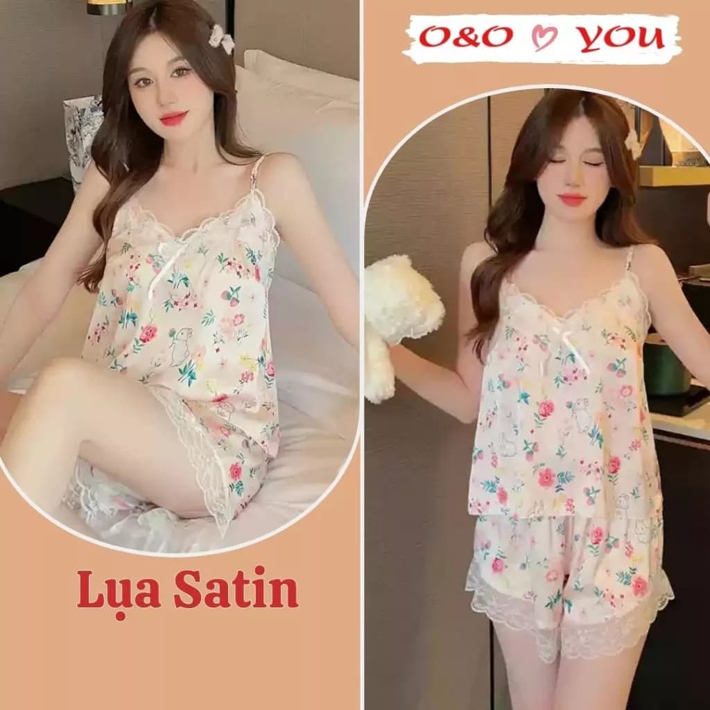 Bộ quần áo ngủ ở nhà, quần short chun, áo ngủ 2 dây lụa ren phong cách Nhật Bản A666 O&O thoáng mát