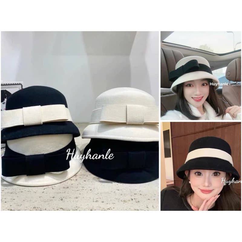 MŨ / nón nỉ dạ dáng khum phom to, nơ to ( đen và kem)o