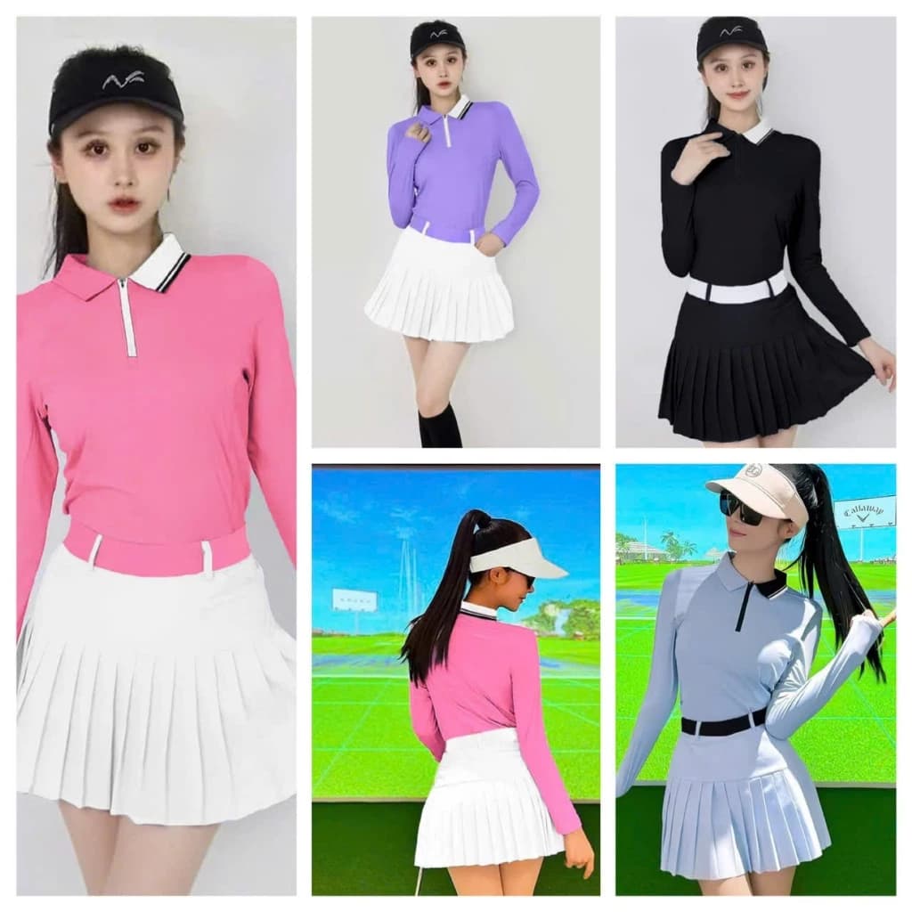 Bộ thể thao nữ, Áo dài tay váy xếp ly hai lớp chơi Tennis, Golf, Pickleball... Hàng SG cao cấp