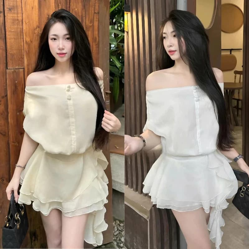 Váy Trễ Vai Hở Lưng Cúc Bọc Đính Hoa Kèm Quần Bảo Hộ Rời Phong Cách Tiểu Thư Sang Chảnh Siêu Xinh