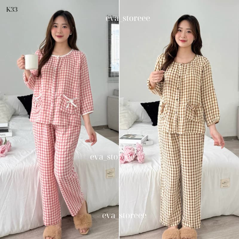 K33-Bộ Đồ Mặc Nhà Đẹp - Bộ Pijama Nữ SUNA Kẻ Caro Dáng Xuông, Áo Cổ Tròn y, Quần Dài Có Túi Chất Thô Cotton mềm