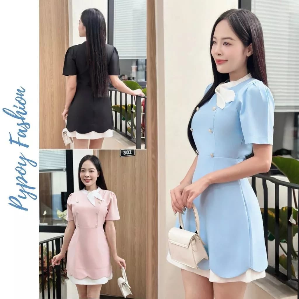 đầm công sở thiết kế dáng xoè kẻ phối cổ nơ trắng thanh lịch, đầm nơ phối lai dự tiệc sang chảnh