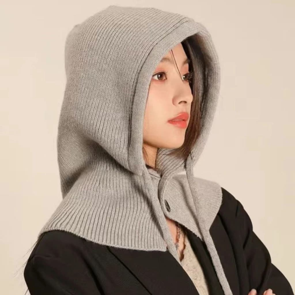Mũ Len Hoodie Unisex Trùm Đầu Liền Khăn Choàng Cổ Giữ Ấm Có Dây Rút Phong Cách Hàn Quốc, Mũ Len Nam Nữ Thời Trang
