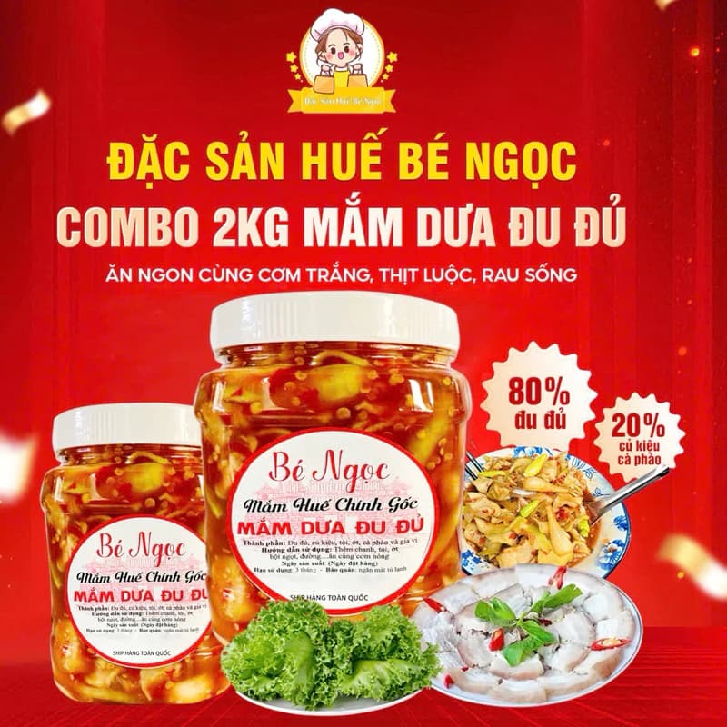 Combo 2Kg Mắm Dưa Đu Đủ Bé Ngọc 80% Đu Đủ Món Ăn Đặc Trưng Miền Trung
