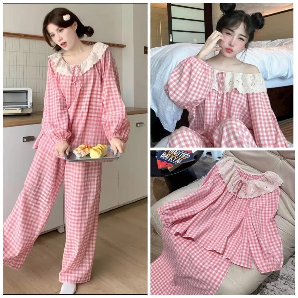 Bộ ngủ pyjama nữ , bộ ngủ mặc nhà bẹt vai tay dài phối ren bèo kẻ caro chất vải đũi xốp mềm mát dễ thương CARY