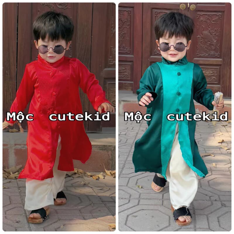 (7-35kg) bộ áo dài cách tân HẠO HIÊN lụa phối gấm [KÈM QUẦN] cho bé trai mặc đi chơi Lễ Hội, Lễ Tết