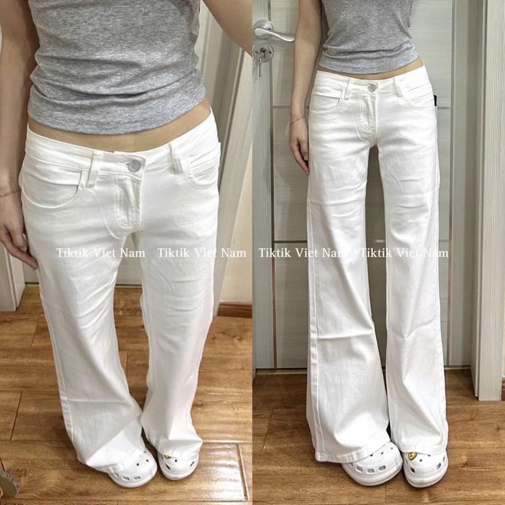 (sẵn)Quần jean kaki cạp trễ thấp màu trắng trơn ống suông rộng dáng dài phong cách cơ bản QJCT005 -Tiktik