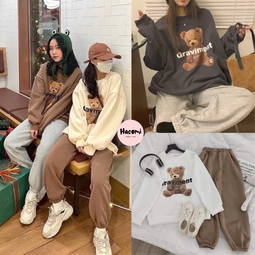 Bộ nỉ nữ gấu 3D form rộng tay bồng - Set đồ ngủ áo sweater kèm quần ống bo gấu mặc ở nhà cá tính ulzzang