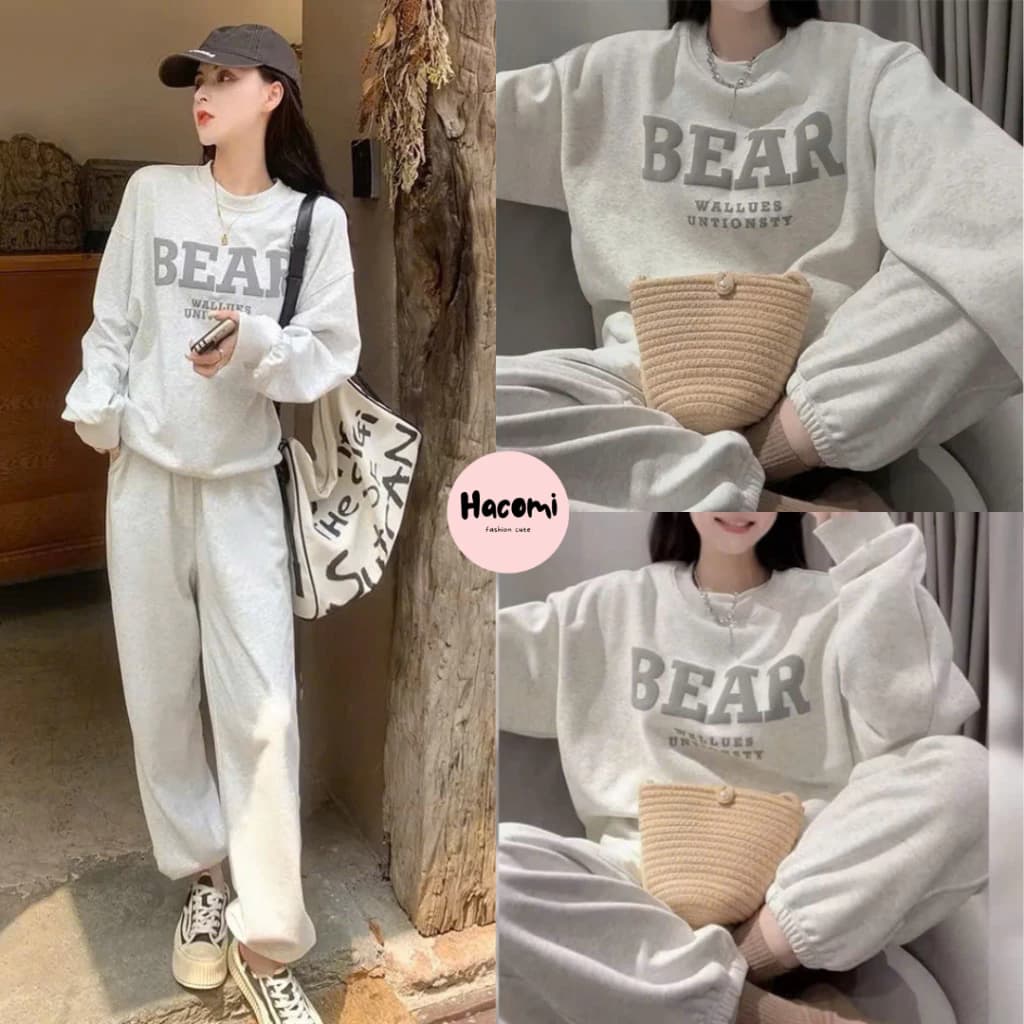 Bộ nỉ nữ BEAR màu ghi bo gấu màu xám trắng hottren, bộ đồ swetter nỉ in chữ bear hot hit cho nữ