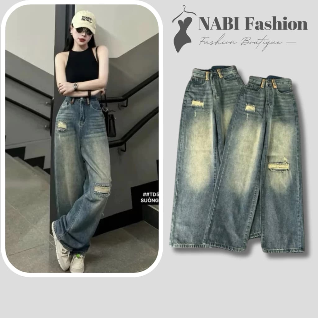 Quần Jean Suông Nữ Bigsize - Form Suông Ống Rộng NABi Fashion Phối Rách Viền Lưng Hottrend Dễ Phối Đồ Chất Mềm Mịn