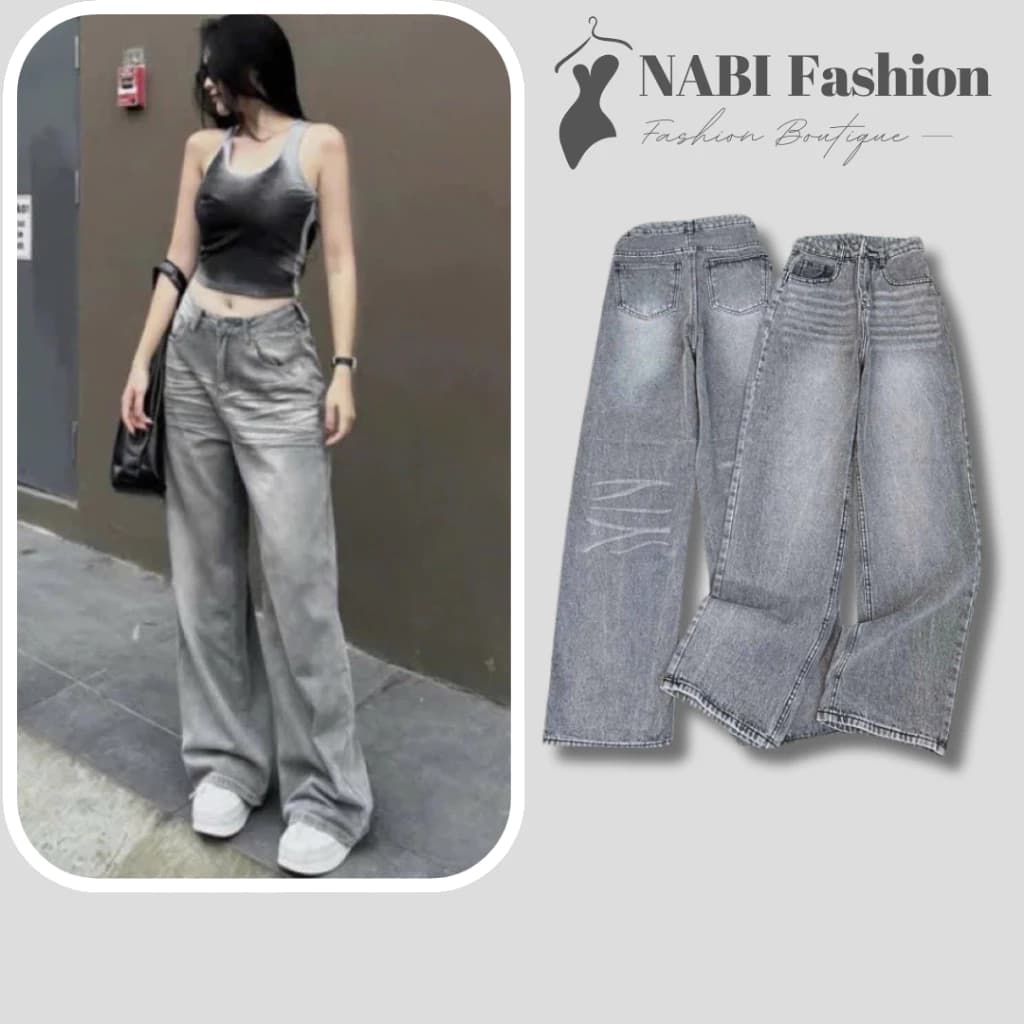 Quần Jean Suông Nữ -Quần Jean Ống Rộng Trơn Màu Xám Bạc Hottrend NABI Fashion Chất Jean Mềm From Lên Chuẩn Đẹp Lưng Cao