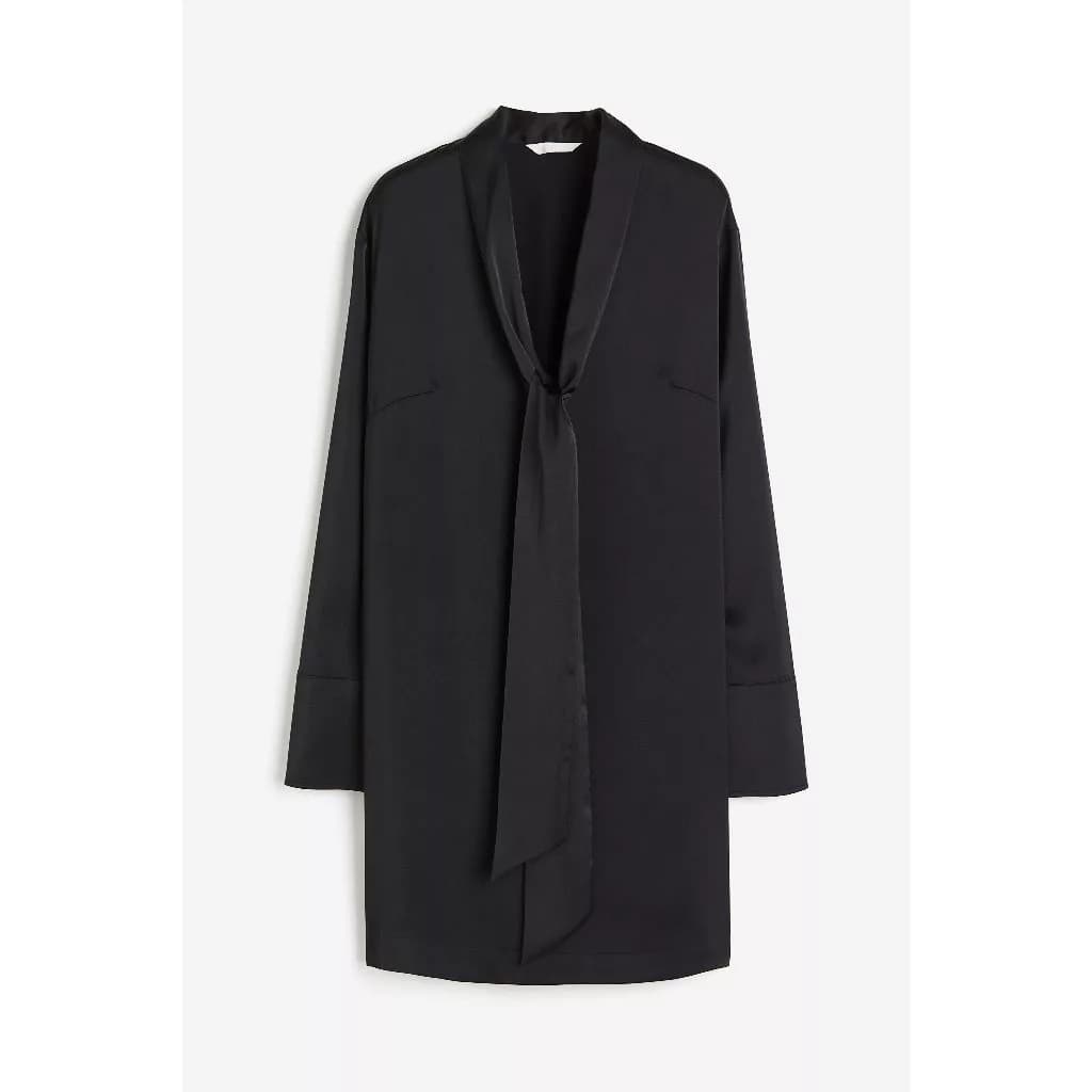 H&M Đức - Đầm suông satin lụa cổ V thắt nơ tay dài màu đen sale auth new tag cao cấp chính hãng sẵn 1207292003 HM