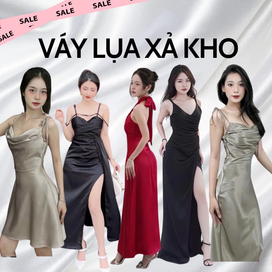 [DEAL XẢ KHO] Váy Lụa Dự Tiệc Trễ Vai Xẻ Đùi Sang Chảnh - Váy Lụa Xả Kho