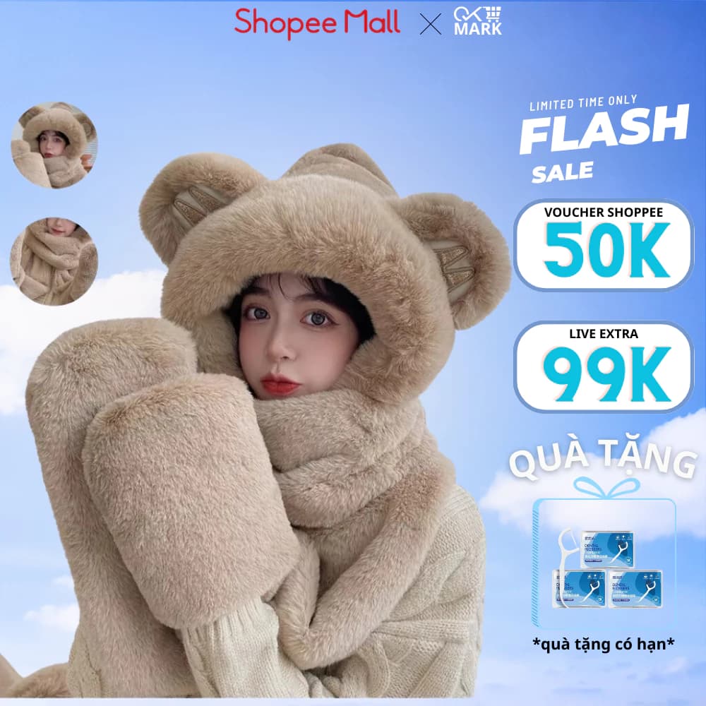 Mũ Lông Cừu Mùa Đông 3in1 - Mũ Len Nữ Kèm Khăn Quàng Cổ Và Găng Tay Siêu Ấm, Dễ Thương - Didooglt