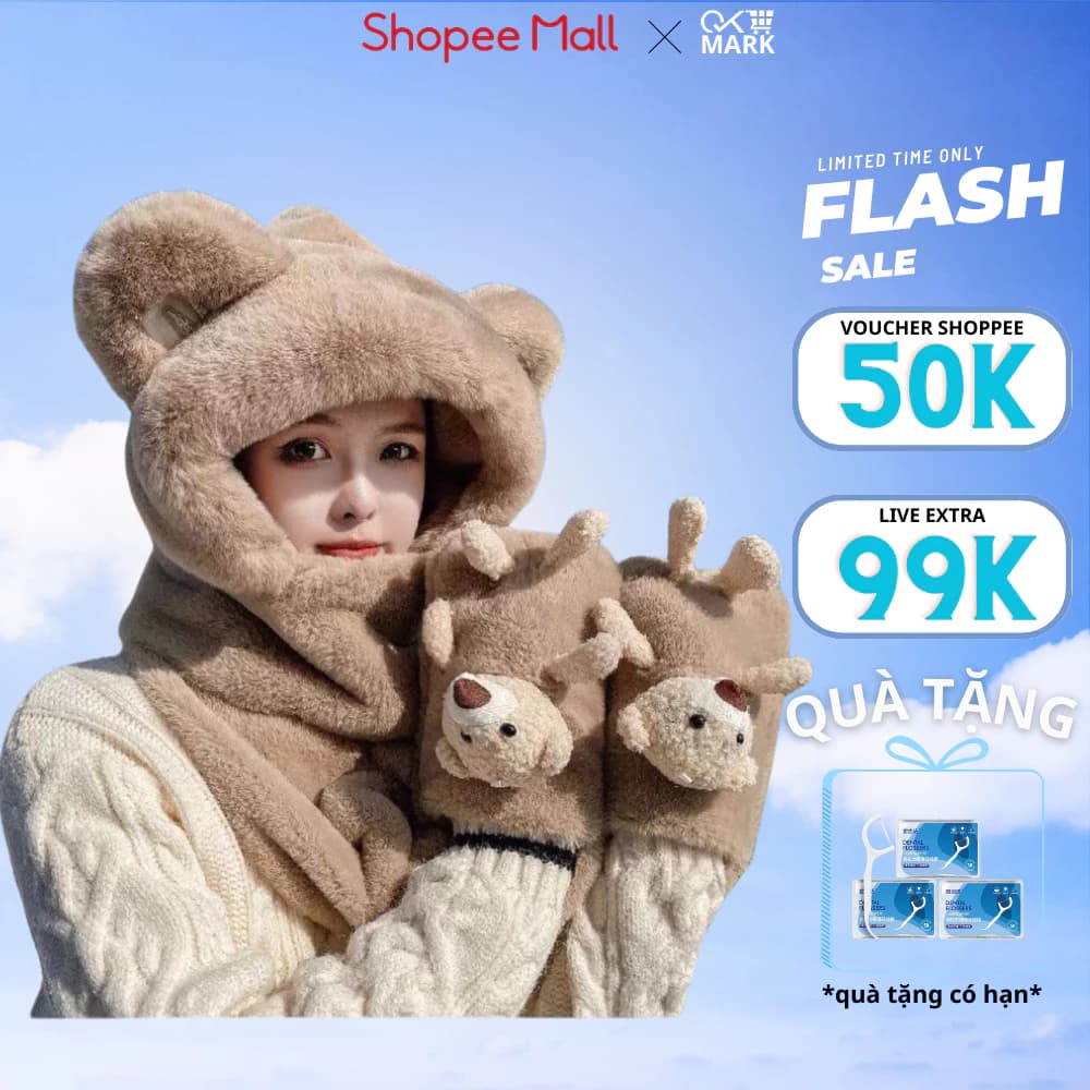 Mũ Len Mùa Đông Cho Nữ - Mũ Len Kèm Khăn Quàng Cổ Và Găng Tay Hình Gấu Kute Dễ Thương - Didooglt