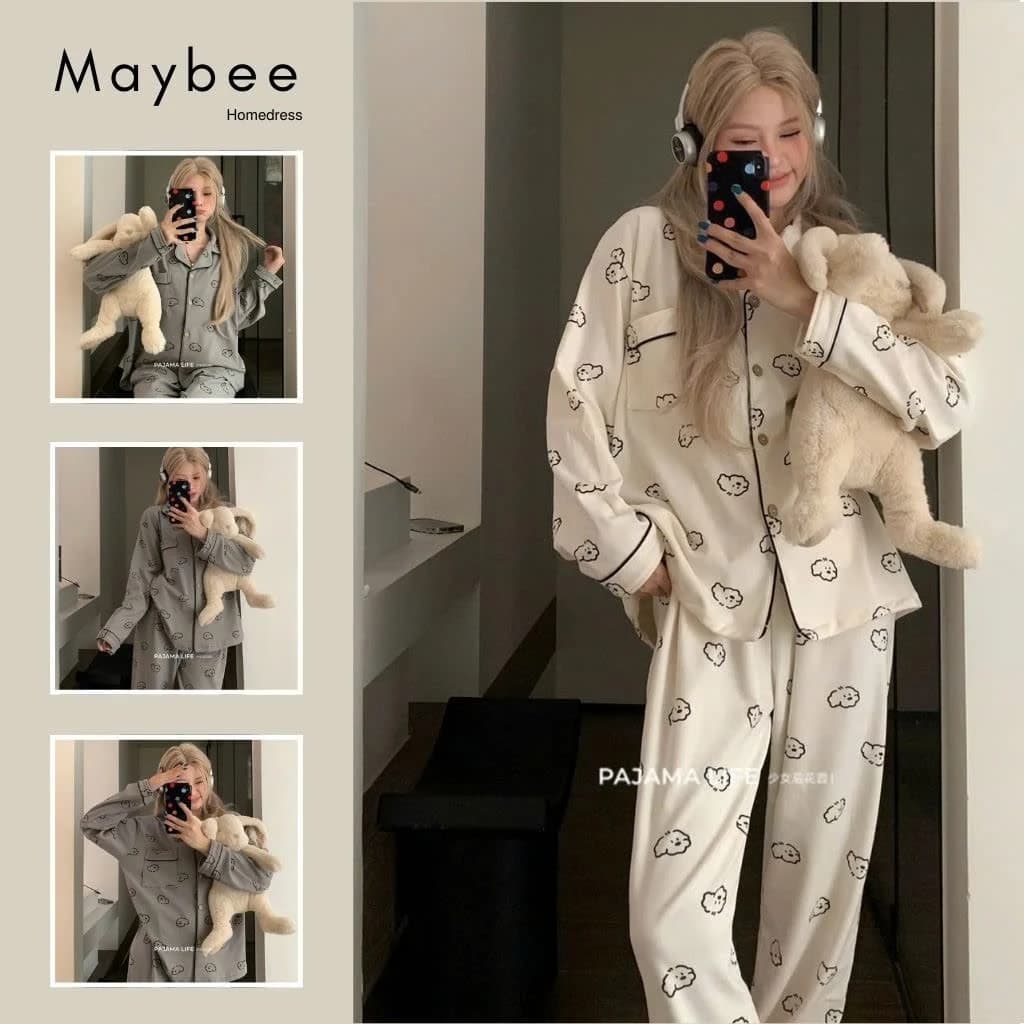 MB-SET-003 Maybee.Homedress Bộ Ngủ Dài Tay In Hình Mây Viền Né – Chất Vải Mềm Mịn, Thanh Lịch, Thoải Mái