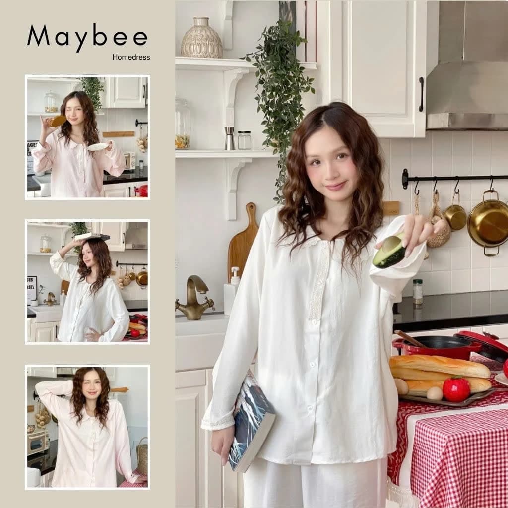 MB-SET-005 Maybee.Homedress Bộ Ngủ Dài Tay Cổ Sen Phối Ren Nẹp Cúc – Mềm Mịn, Thanh Lịch, Thoải Mái