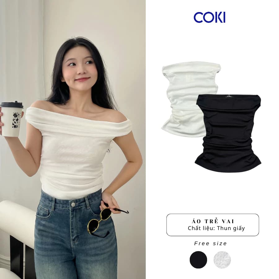 Áo Thun kiểu Nữ Tay Ngắn Trễ Vai Nhún eo Ôm Body