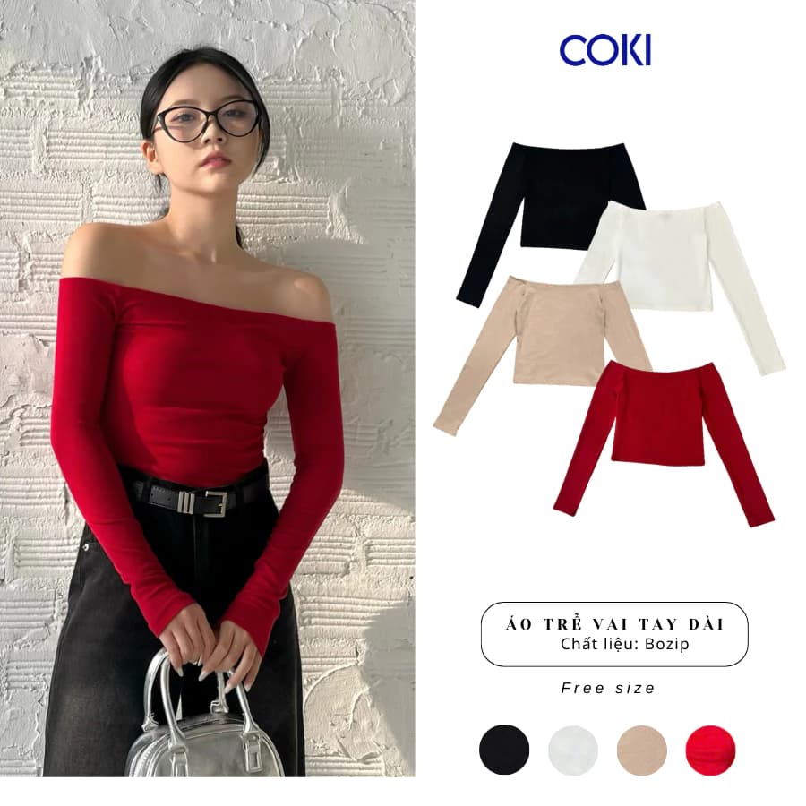 Áo Thun kiểu Nữ Croptop Trơn Dài Tay Trễ Vai ôm body