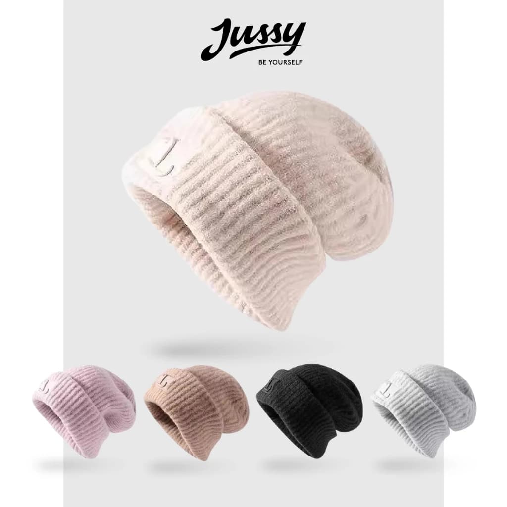 Mũ Len Beanie Hàn Quôc Thêu Chữ L JML15 Jussy Official Kiểu Nón Len Trùm Đầu Giữ Ấm Free Size Chất Len Dệt Kim Dày Ấm Áp
