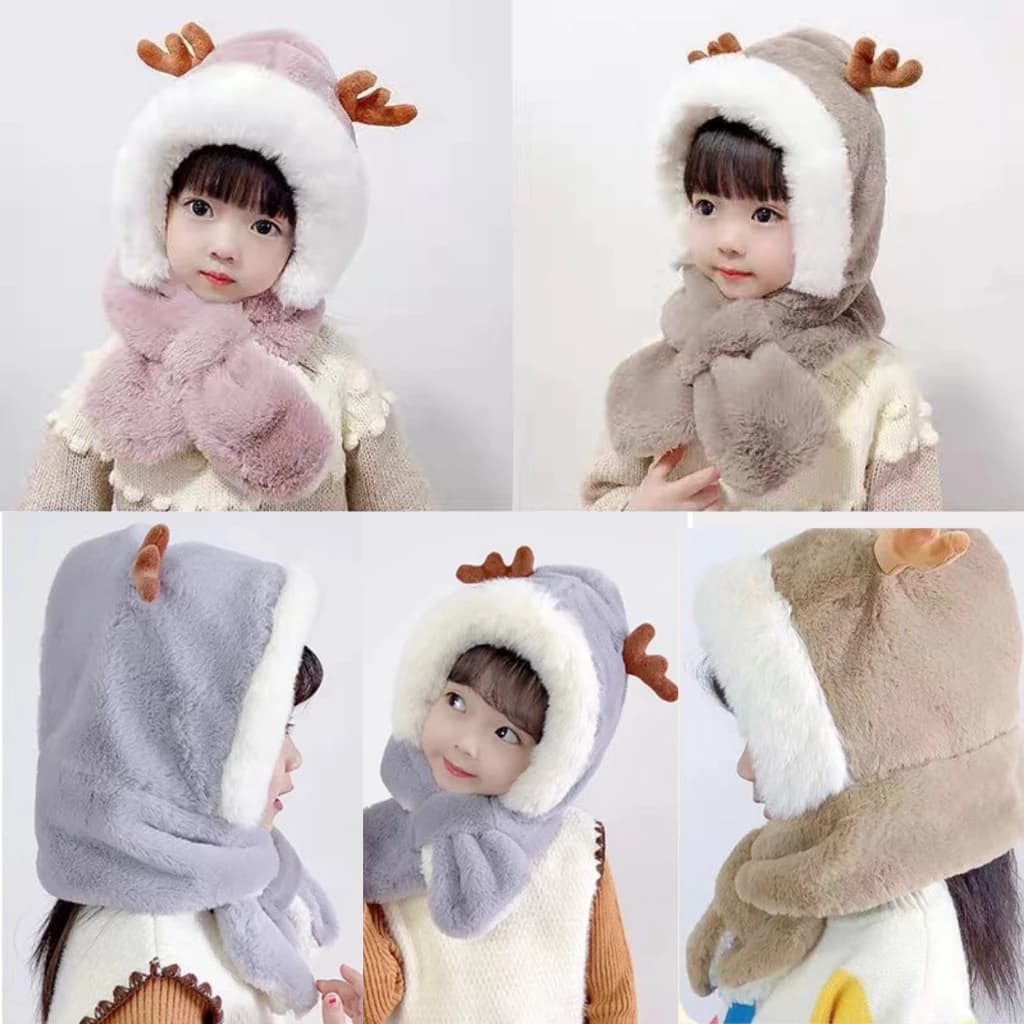 Mũ len cho bé Trai bé Gái, Mũ lông hình chú vịt con, Tuần lộc siêu ấm kèm khăn cho bé TT2