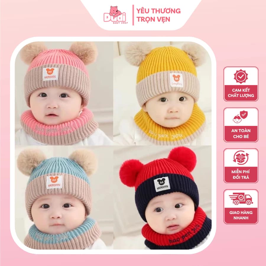 [0-30 THÁNG TUỔI] Mũ Len Cho Bé Kèm Khăn Quàng Cổ Sang Trọng, Mũ Bảo Bệ Tai Ấm Áp Mùa Đông - M14