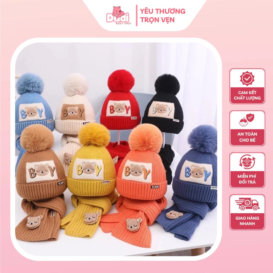 Mũ Len Kèm Khăn Cho Bé Mùa Đông 6-24 Tháng Gấu BOY - M16