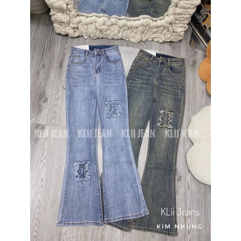Quần jeans loe dài 100cm thêu x tua siêu đẹp KLii jeans sẵn