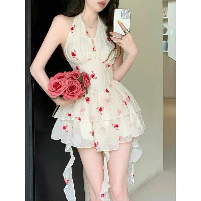 [Thanh Lý] Đầm voan hoa bèo tầng tua rua hoa xoè cổ yếm dáng ngắn phòng cách thời trang pháp ngọt ngào