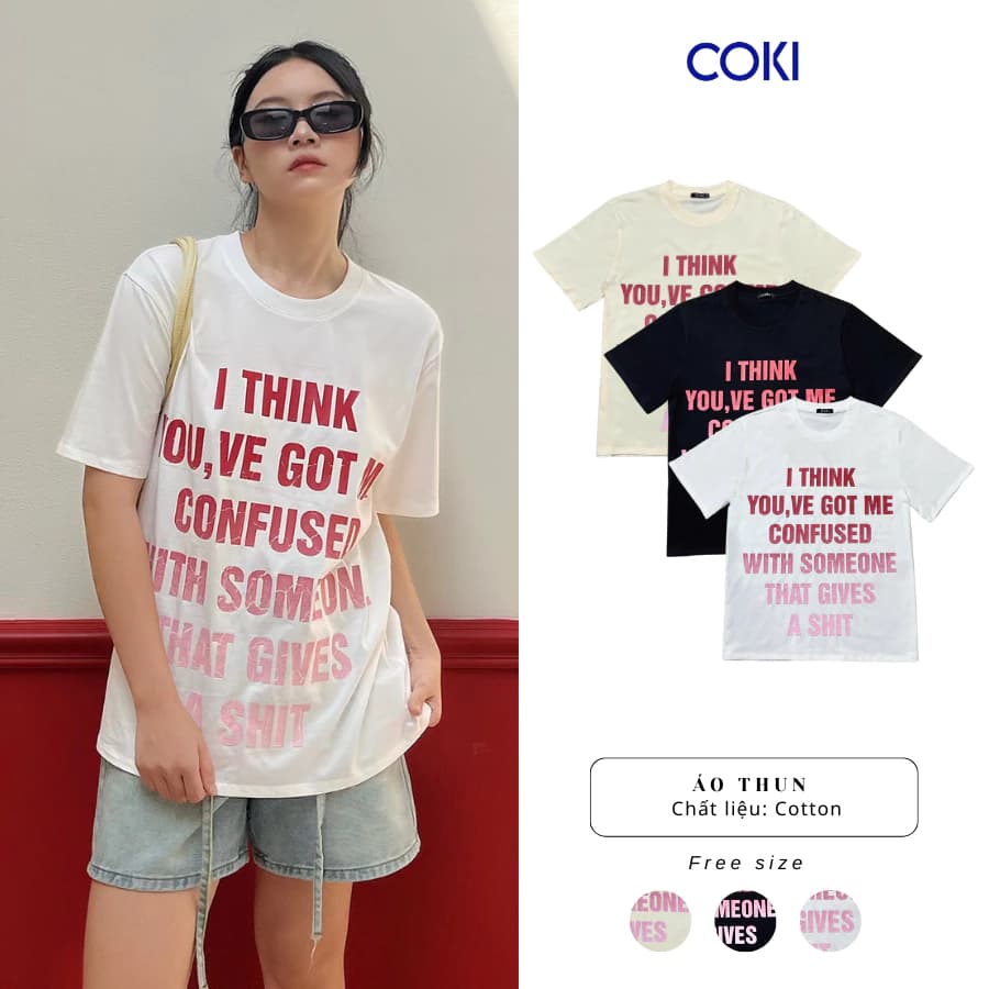COKI - Áo Thun Nữ Cotton Cổ Tròn Tay Ngắn OVERSIZE