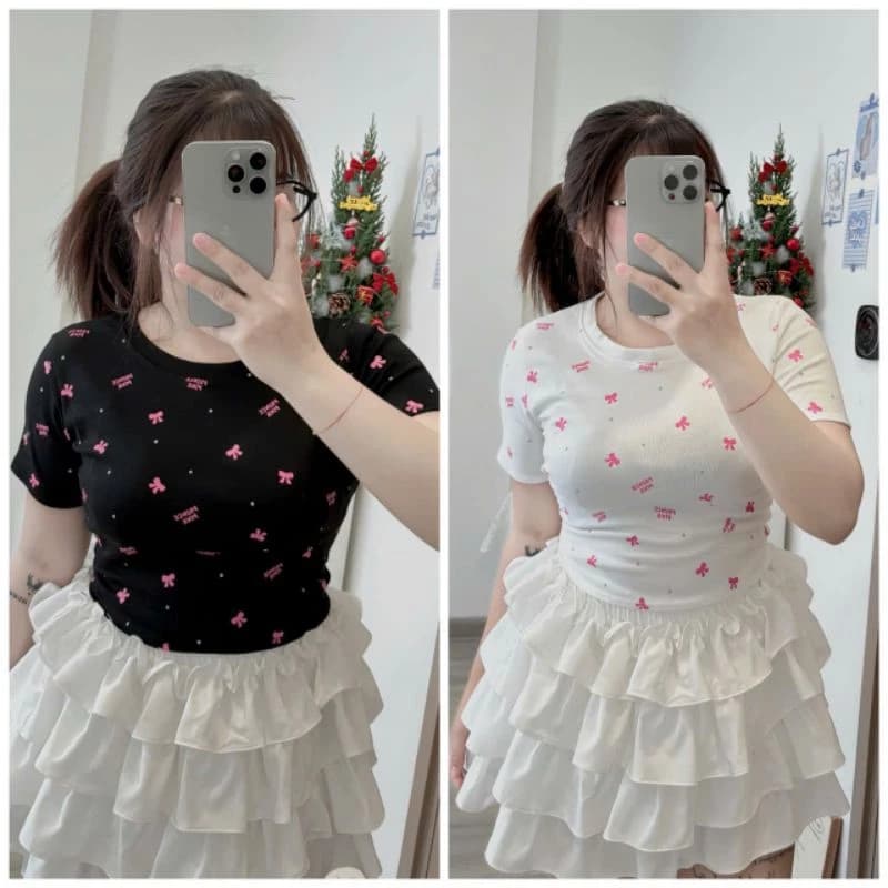 [bigsize 60_90kg] áo thun croptop nơ nhí