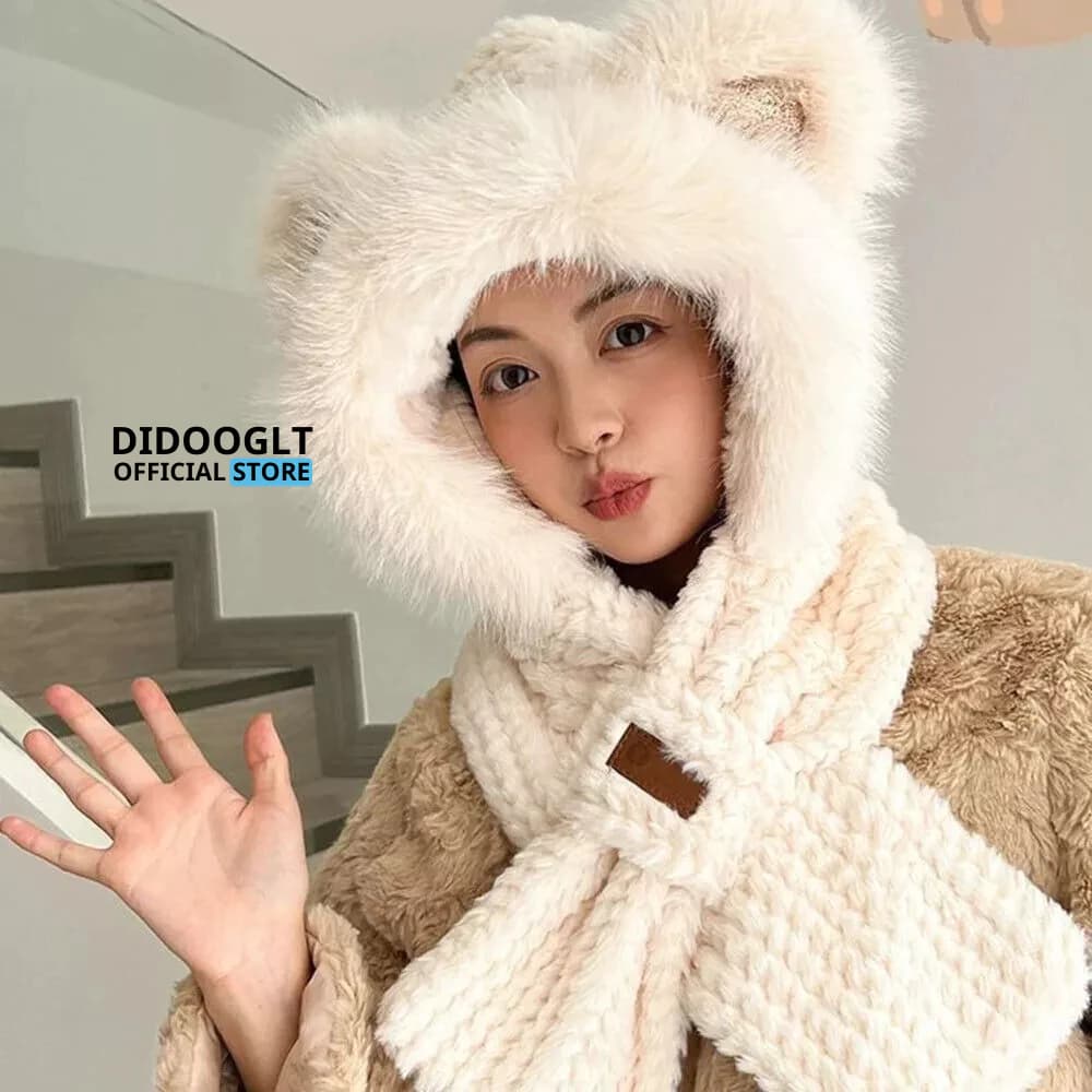 Mũ Len Nữ Tai Gấu Didooglt Mũ Len Lông Cừu Kèm Khăn Quàng Cổ Siêu Ấm Cực Mềm Mịn Xinh Xắn