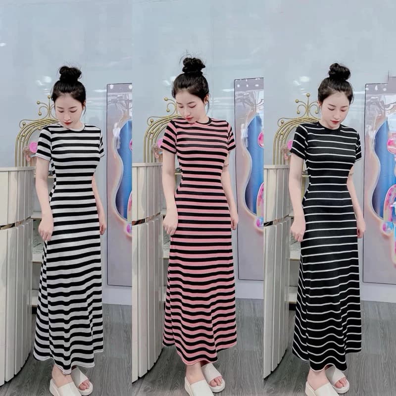 Đầm Tay Ngắn Cổ Tròn chữ A siêu tôn dáng chất vải thun gân giãn tốt