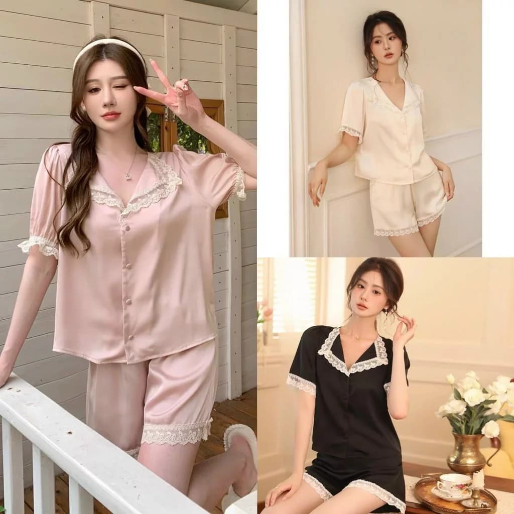 Đồ bộ nữ Pijama mặc nhà, bộ ngủ phối ren dễ thương áo cộc  lụa ngọc trai mềm mịn, sang chảnh BN31