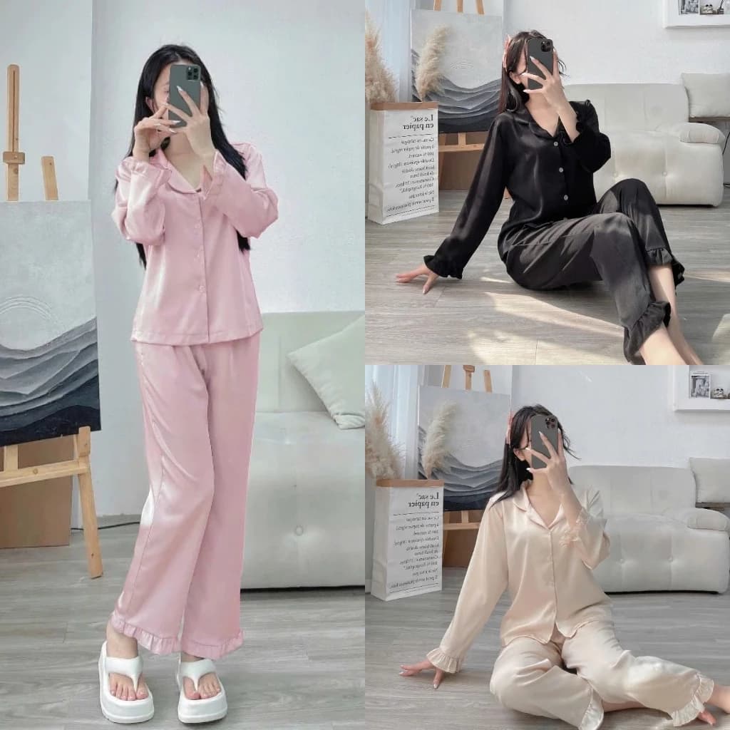 BỘ PIJAMA NỮ MẶC NHÀ DÀI TAY - Chất Lụa Xước mềm mại thoáng mát , Bộ Quần Áo Dài