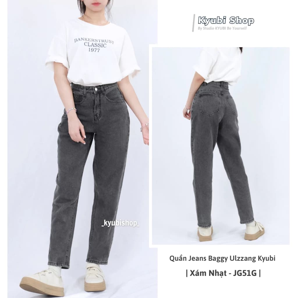 Quần jean nữ baggy nữ ulzzang Kyubi lưng cao xám 2 nút cá tính - Baggy jean Kyubi JG51G