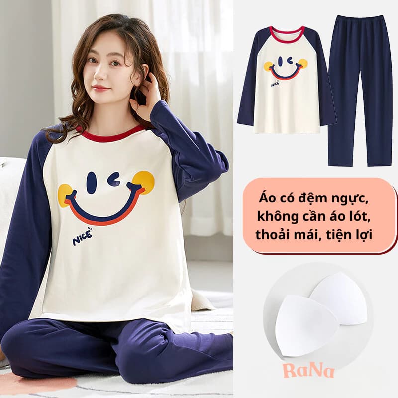Bộ quần áo mặc ngủ có mút ngực bên trong áo, áo cài nút, quần có túi, đồ bộ ngủ dài tay, đò bộ mặc nhà cho nữ