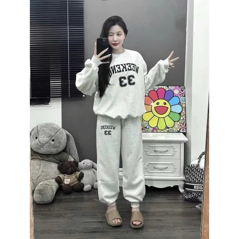 Bộ nỉ trơn cổ tròn - Bộ oversize mùa đông in số 33 đơn giản, basic hàn quốc