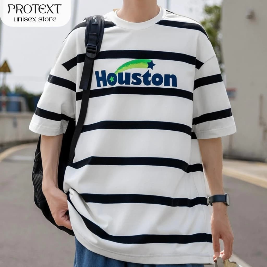 Áo Thun Kẻ Sọc Form Rộng Chất Polyester Cao Cấp In Chữ Houston Thương Hiệu Thời Trang Protex Unisex