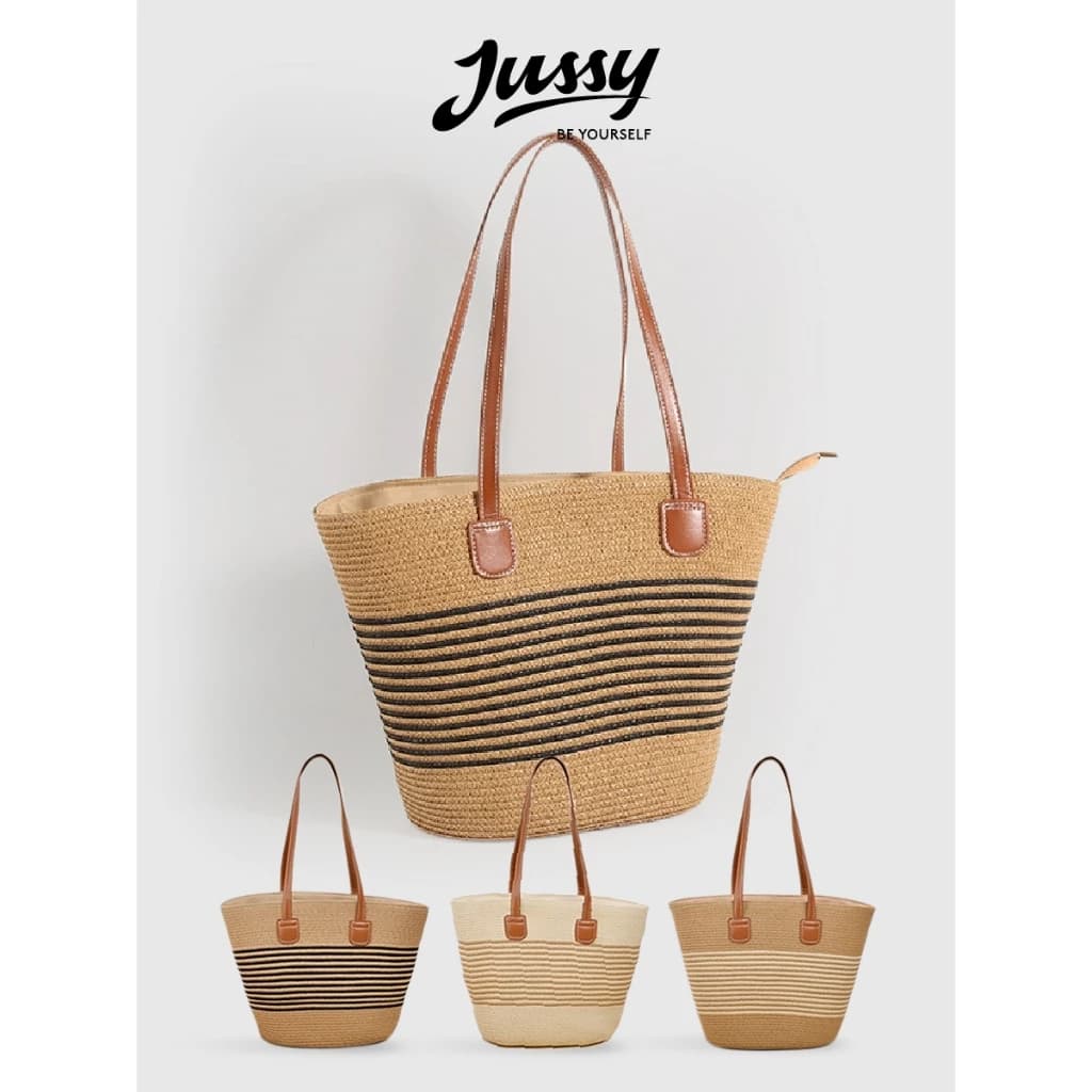 Set Túi Mũ Cói Sọc Ngang Quai Da Cao Cấp JTUI04 Jussy Official Combo Mũ Cói Rộng Vành 12cm Và Túi Cói Đi Biển Mẩu Mới