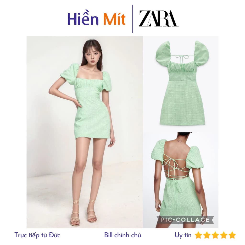(Size XS, M) ZARA Đức - Đầm ngắn form ôm cổ vuông tay phồng ngắn sọc caro hở lưng  sale auth new tag có sẵn 7385/218